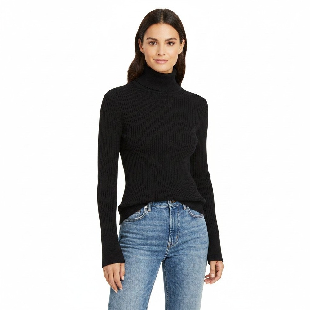 Tory Burch 100% Wool Turtleneck Sweater Large Black Ribbed Quarter Zip Preppy